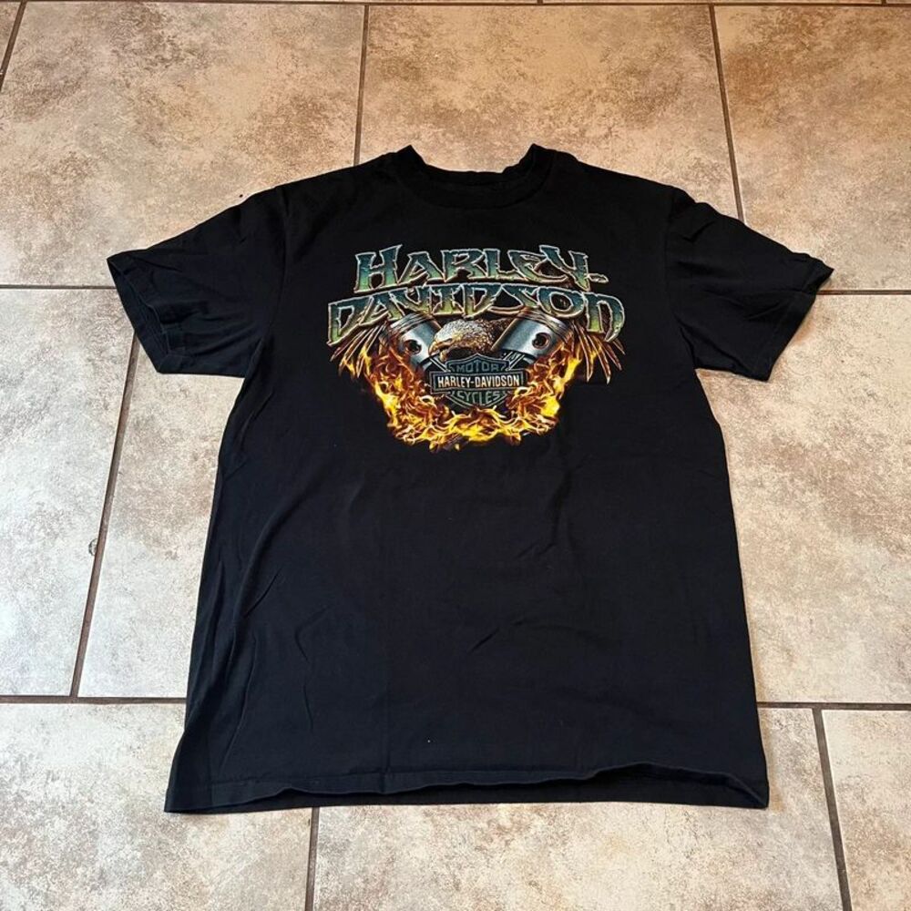 Vintage Harley Davidson Pistons Flames Shirt Black Graphic Tee Mens L